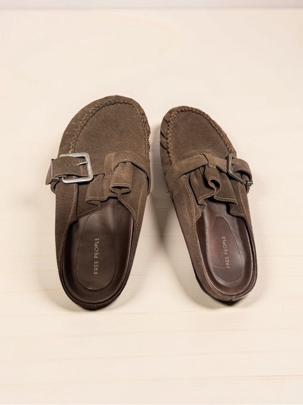 Free People Brown Suede Slip-On Loafers with Buckle & Fringe
